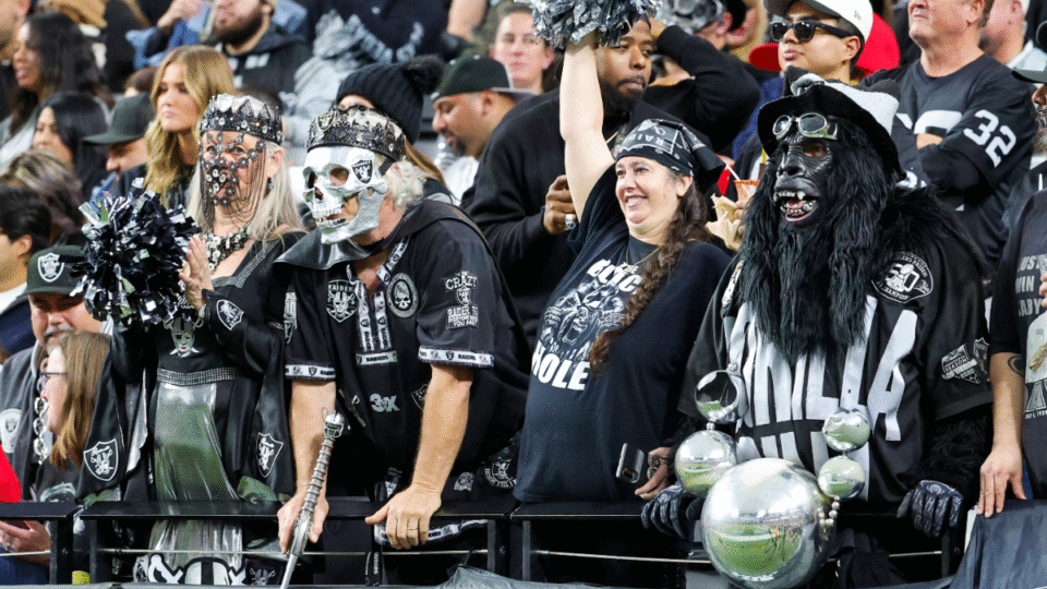 (L-R) Las Vegas Raiders fans Petra Thiessen and Thomas Thiessen, both of Nevada, and Marilyn Acasio and Mark "Gorilla Rilla" Acasio, both of California, look on in the fourth quarter of the Raiders' game against the Kansas City Chiefs at Allegiant Stadium on January 04, 2026 in Las Vegas, Nevada. The Raiders defeated the Chiefs 14-12.