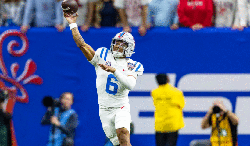 Trinidad Chambliss #6 of the Mississippi Rebels throws a pass in the fourth quarter of the 2025 College Football Playoff Quarterfinal at the Allstate Sugar Bowl at Caesars Superdome on January 1, 2026 in New Orleans, Louisiana.