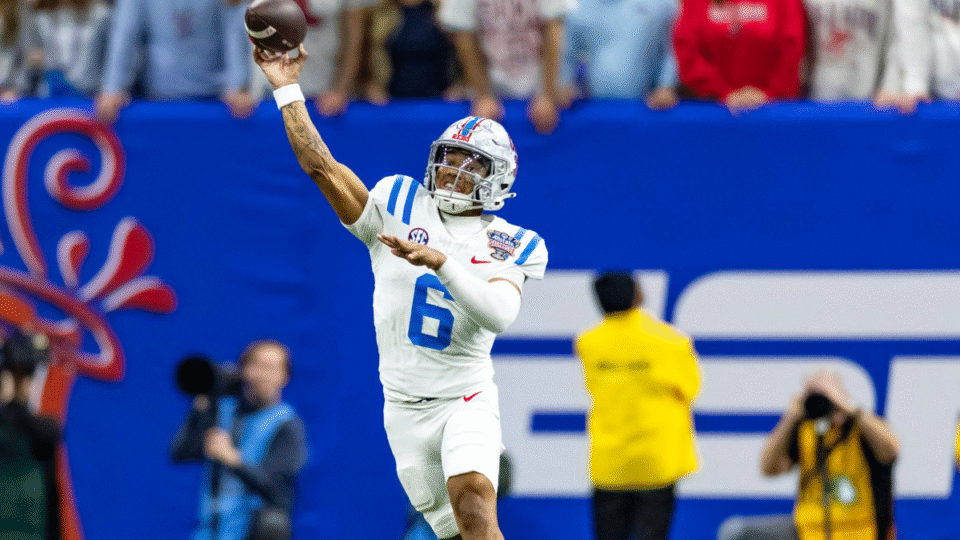 Trinidad Chambliss #6 of the Mississippi Rebels throws a pass in the fourth quarter of the 2025 College Football Playoff Quarterfinal at the Allstate Sugar Bowl at Caesars Superdome on January 1, 2026 in New Orleans, Louisiana.