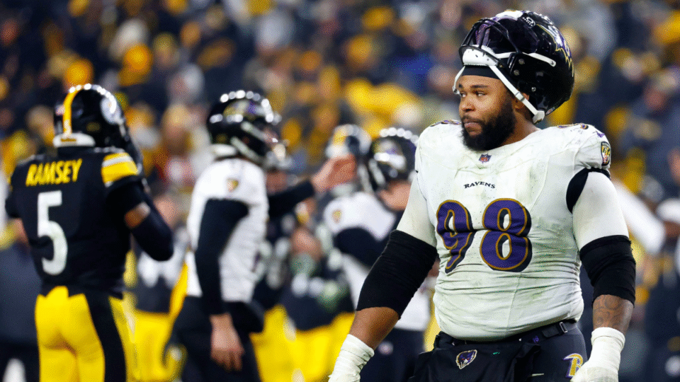 Travis Jones #98 of the Baltimore Ravens reacts after a missed field goal during the fourth quarter against the Pittsburgh Steelers at Acrisure Stadium on January 04, 2026 in Pittsburgh, Pennsylvania.
