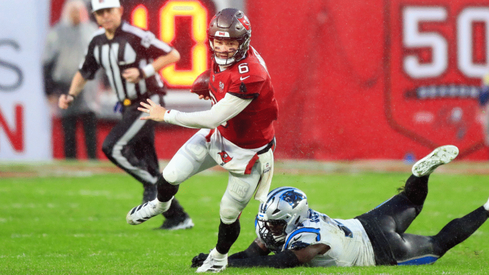 Tampa Bay Buccaneers Quarterback Baker Mayfield (6) scrambles for yardage during the Regular Season game between the Carolina Panthers and the Tampa Bay Buccaneers on January 03, 2026 at Raymond James Stadium in Tampa, Florida.