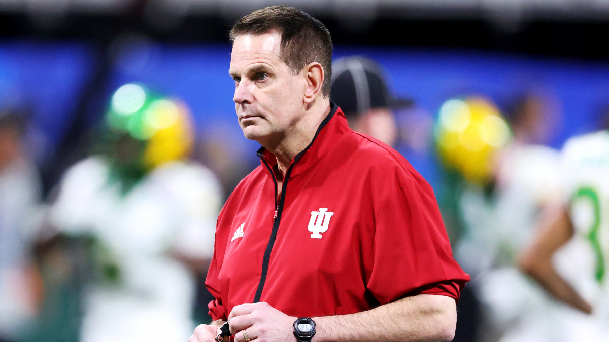 Head coach Curt Cignetti of the Indiana Hoosiers looks on before the 2025 College Football Playoff Semifinal at the Chick-fil-A Peach Bowl against the Oregon Ducks at Mercedes-Benz Stadium on January 09, 2026 in Atlanta, Georgia.