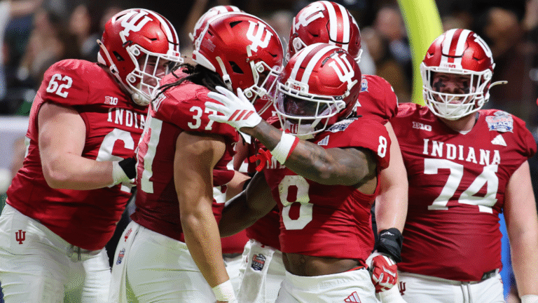 Kaelon Black #8 of the Indiana Hoosiers celebrates a rushing touchdown against the Oregon Ducks during the second quarter in the 2025 College Football Playoff Semifinal at the Chick-fil-A Peach Bowl at Mercedes-Benz Stadium on January 09, 2026 in Atlanta, Georgia.