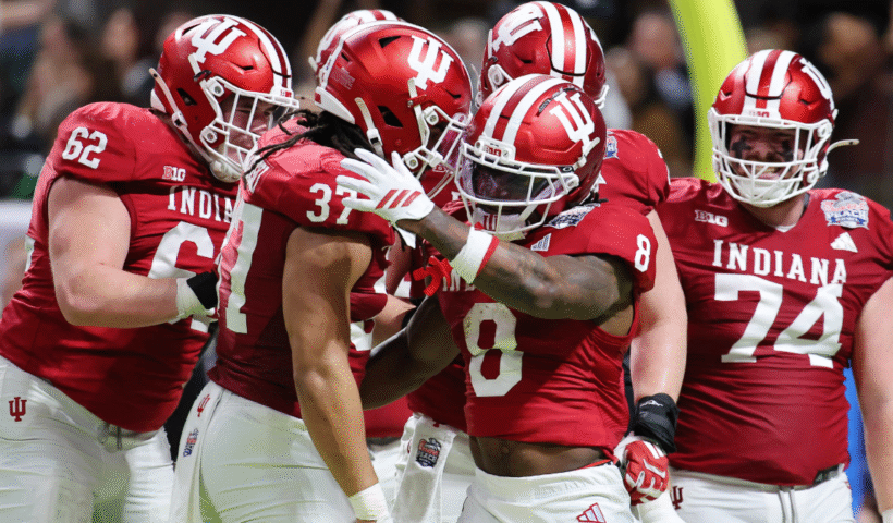 Kaelon Black #8 of the Indiana Hoosiers celebrates a rushing touchdown against the Oregon Ducks during the second quarter in the 2025 College Football Playoff Semifinal at the Chick-fil-A Peach Bowl at Mercedes-Benz Stadium on January 09, 2026 in Atlanta, Georgia.