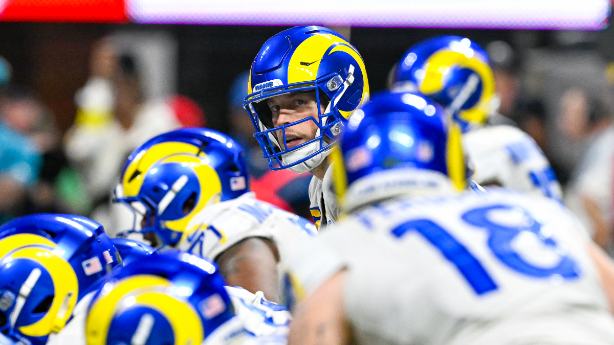 Los Angeles quarterback Matthew Stafford (9) reacts during the NFL game between the Los Angeles Rams and the Atlanta Falcons on December 29th, 2025 at Mercedes-Benz Stadium in Atlanta, GA.