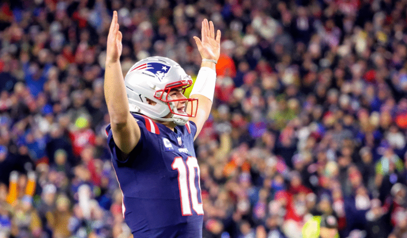 New England Patriots quarterback Drake Maye celebrates a touchdown in the first quarter. The Patriots played the Miami Dolphins at Gillette Stadium on January 4, 2026.