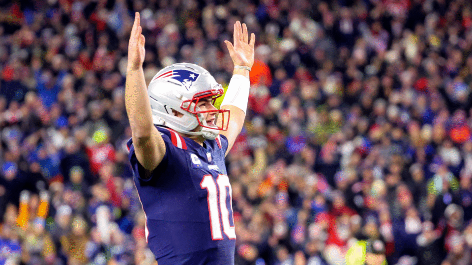 New England Patriots quarterback Drake Maye celebrates a touchdown in the first quarter. The Patriots played the Miami Dolphins at Gillette Stadium on January 4, 2026.