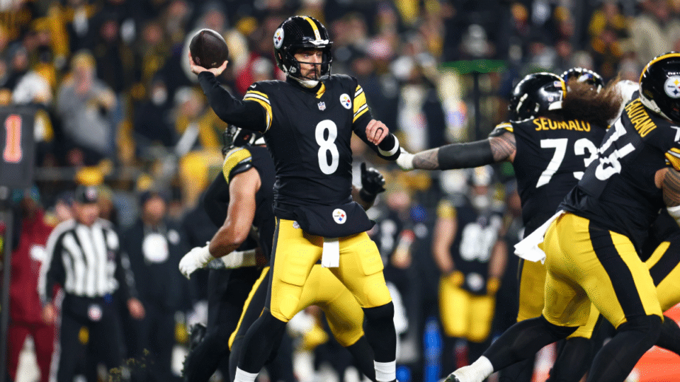 Aaron Rodgers #8 of the Pittsburgh Steelers throws a pass during the second quarter against the Baltimore Ravens at Acrisure Stadium on January 4, 2026 in Pittsburgh, Pennsylvania.