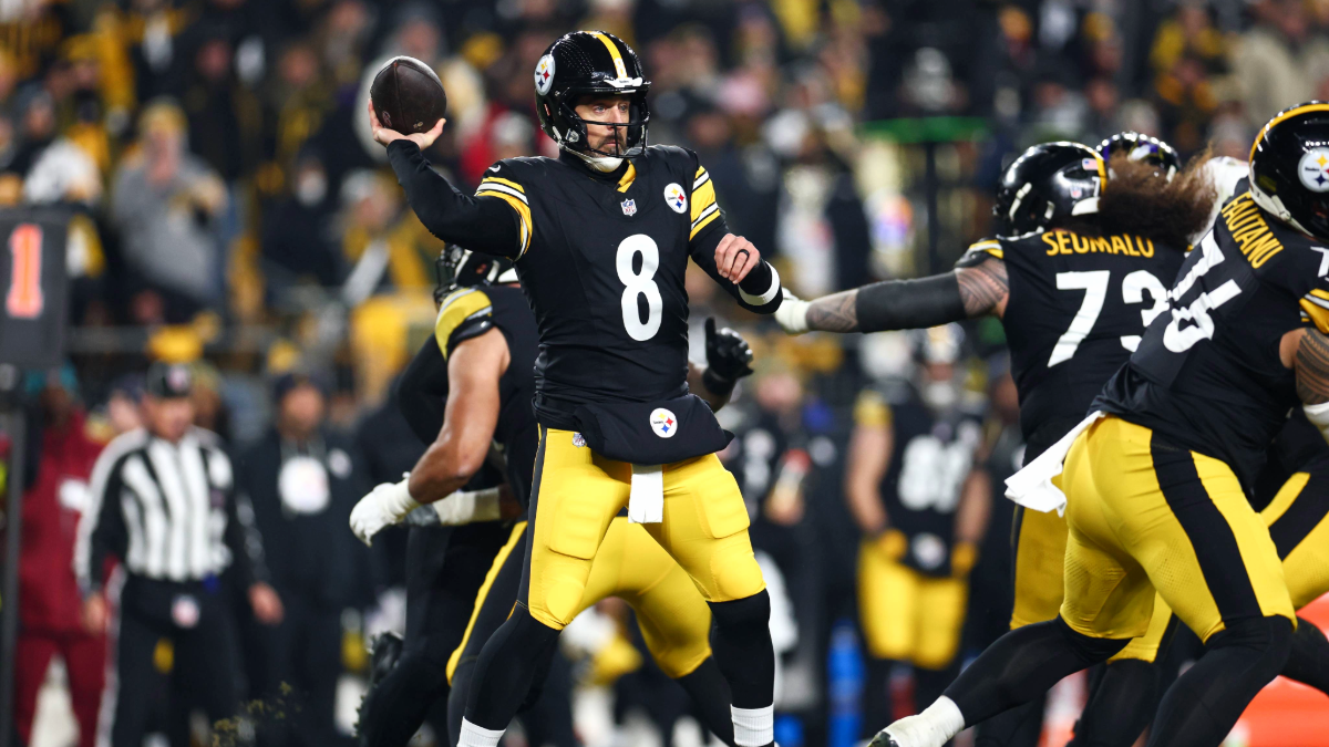 Aaron Rodgers #8 of the Pittsburgh Steelers throws a pass during the second quarter against the Baltimore Ravens at Acrisure Stadium on January 4, 2026 in Pittsburgh, Pennsylvania.