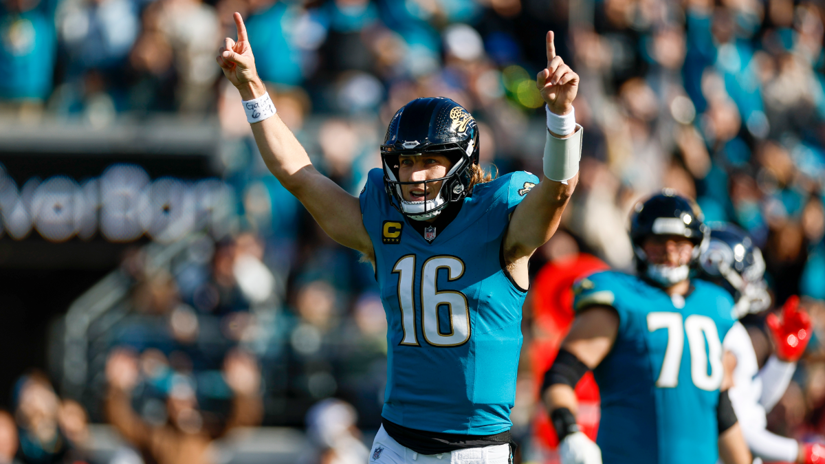 Trevor Lawrence #16 of the Jacksonville Jaguars reacts after throwing a touchdown pass during the game between the Jacksonville Jaguars and the Tennessee Titans on January 4, 2026 at EverBank Stadium in Jacksonville, Fl.