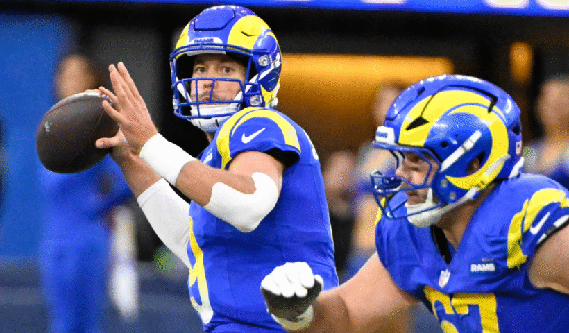 Quarterback Matthew Stafford #9 of the Los Angeles Rams passes against the Arizona Cardinals in the second half of a NFL football game at SoFi Stadium in Inglewood on Sunday, January 4, 2026.