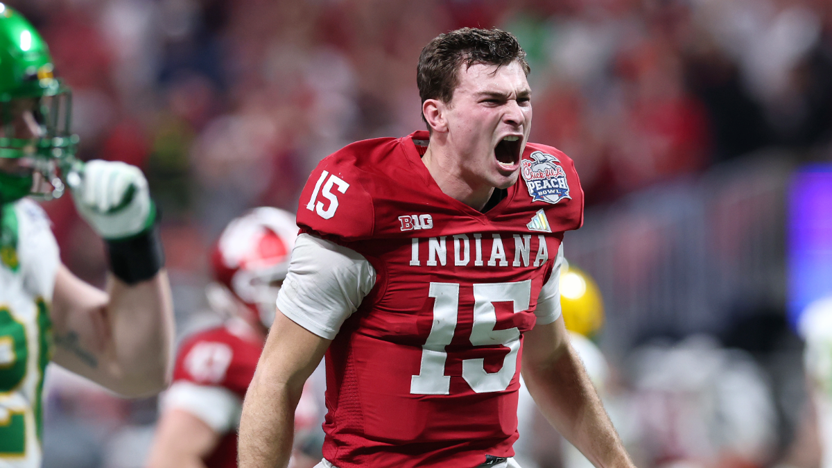 Fernando Mendoza #15 of the Indiana Hoosiers celebrates a touchdown pass against the Oregon Ducks during the second quarter in the 2025 College Football Playoff Semifinal at the Chick-fil-A Peach Bowl at Mercedes-Benz Stadium on January 09, 2026 in Atlanta, Georgia.