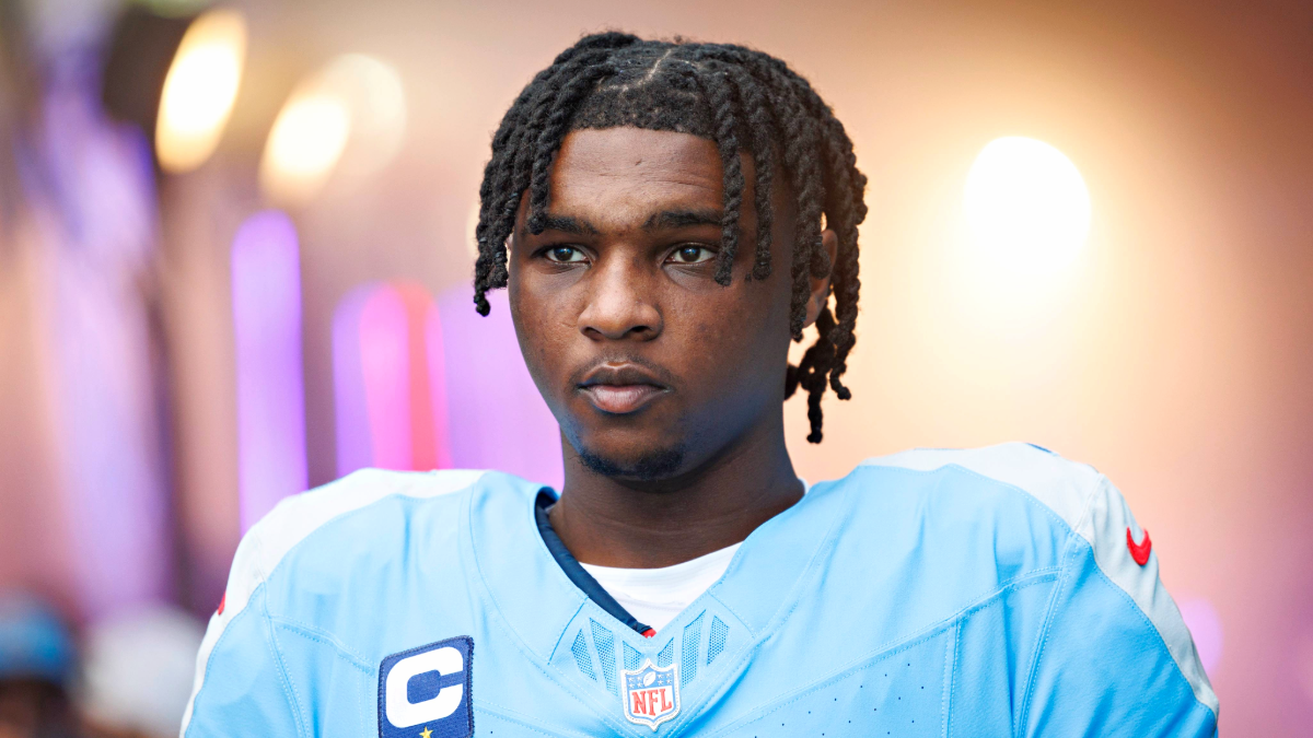 Cam Ward #1 of the Tennessee Titans during introductions before a game against the New Orleans Saints at Nissan Stadium on December 28, 2025 in Nashville, Tennessee. The Saints defeated the Titans 34-26.