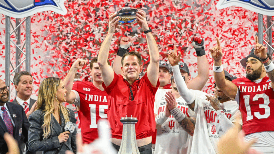 Head Coach Curt Cignetti of the Indiana Hoosiers hoists the Chick-fil-A Peach Bowl Trophey after the Indiana Hoosiers versus Oregon Ducks College Football Playoff Semifinal at the Chick-fil-A Peach Bowl on January 9, 2026, at Mercedes-Benz Stadium in Atlanta, GA.