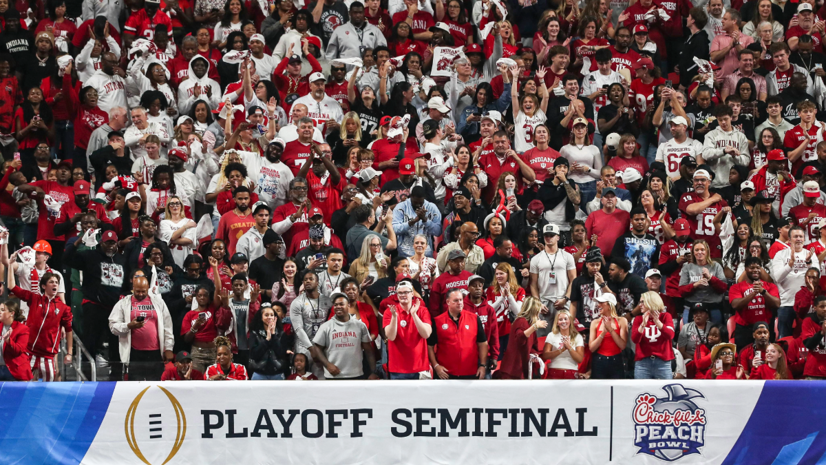 Indiana Hoosiers fans cheering during the CFP Semifinal Chick-fil-A Peach Bowl against the Oregon Ducks at Mercedes-Benz Stadium on January 9, 2026 in Atlanta, Georgia.