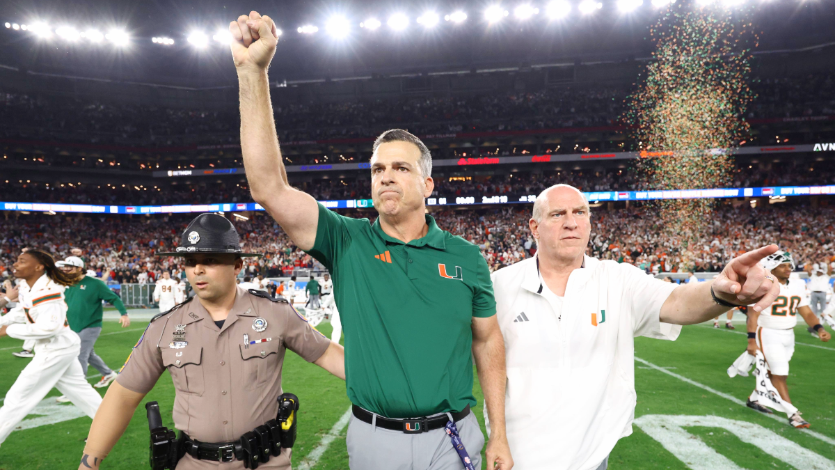 Head coach Mario Cristobal of the Miami Hurricanes celebrates after the game against the Ole Miss Rebels during the 2025 College Football Playoff Semifinal at the VRBO Fiesta Bowl at State Farm Stadium on January 08, 2026 in Glendale, Arizona. The Hurricanes defeated the Rebels 31-27.