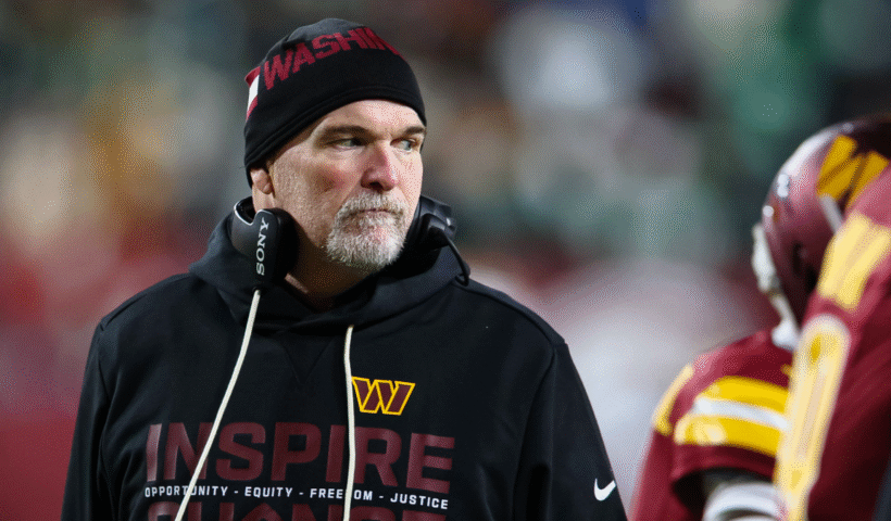 Head coach Dan Quinn of the Washington Commanders looks on against the Philadelphia Eagles during the first half of the NFL game at Northwest Stadium on December 20, 2025 in Landover, Maryland.