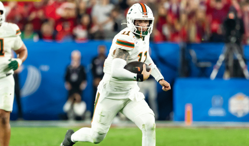 Carson Beck #11 of the Miami (FL) Hurricanes runs with the ball in the third quarter of the 2025 College Football Playoff Semifinal at State Farm Stadium on January 8, 2026 in Glendale, Arizona.