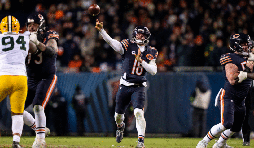 Caleb Williams #18 of the Chicago Bears throws a pass during an NFL wild card playoff game against the Green Bay Packers at Soldier Field on January 10, 2026 in Chicago, Illinois.