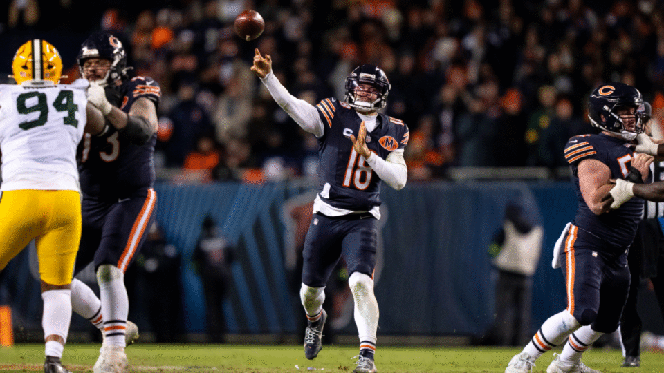 Caleb Williams #18 of the Chicago Bears throws a pass during an NFL wild card playoff game against the Green Bay Packers at Soldier Field on January 10, 2026 in Chicago, Illinois.
