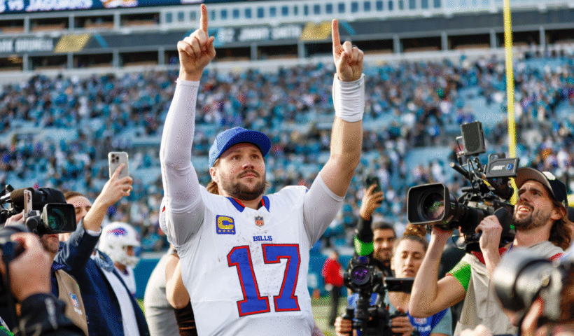 Josh Allen #17 of the Buffalo Bills salutes fans after the AFC Wildcard Playoff game between the Jacksonville Jaguars and the Buffalo Bills on January 11, 2026 at EverBank Stadium in Jacksonville, Florida.