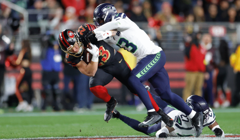 Christian McCaffrey #23 of the San Francisco 49ers runs after making a catch during the game against the Seattle Seahawks at Levi's Stadium on January 3, 2026 in Santa Clara, California. The Seahawks defeated the 49ers 13-3.