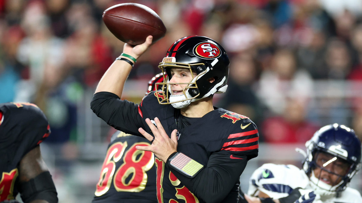 Brock Purdy #13 of the San Francisco 49ers looks to throw a pass against the Seattle Seahawks during the first quarter of a game at Levi's Stadium on January 03, 2026 in Santa Clara, California.