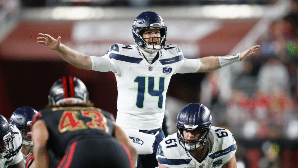 Sam Darnold #14 of the Seattle Seahawks calls a play at the line of scrimmage in the second quarter against the San Francisco 49ers at Levi's Stadium on January 03, 2026 in Santa Clara, California.