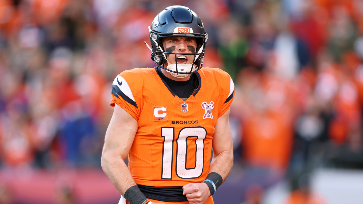 Bo Nix #10 of the Denver Broncos reacts during the first quarter against the Jacksonville Jaguars at Empower Field At Mile High on December 21, 2025 in Denver, Colorado.