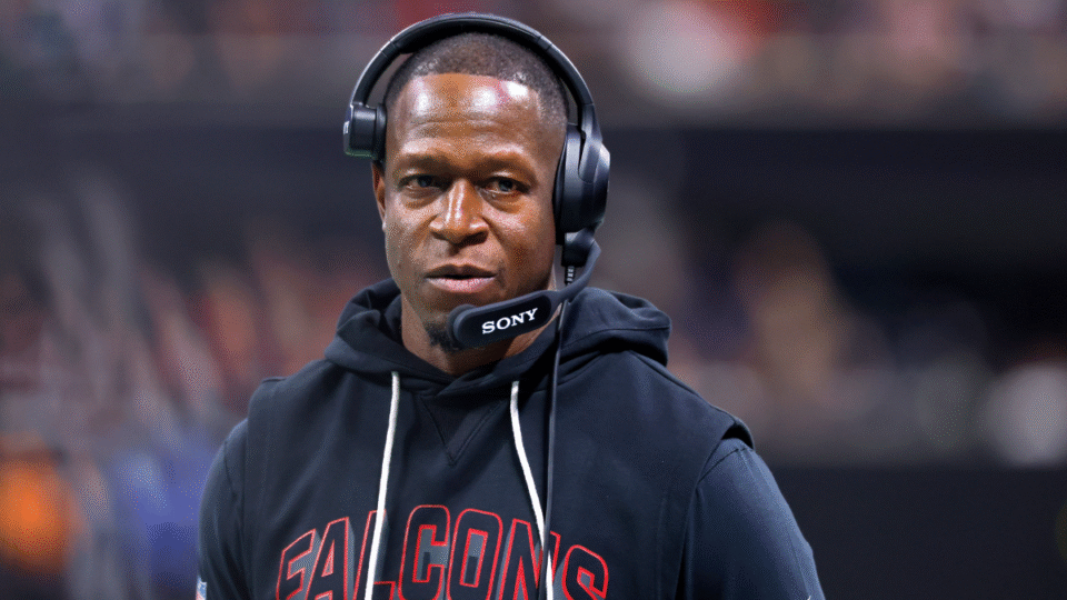 Head coach Raheem Morris of the Atlanta Falcons looks on during the second quarter against the Seattle Seahawks at Mercedes-Benz Stadium on December 07, 2025 in Atlanta, Georgia.