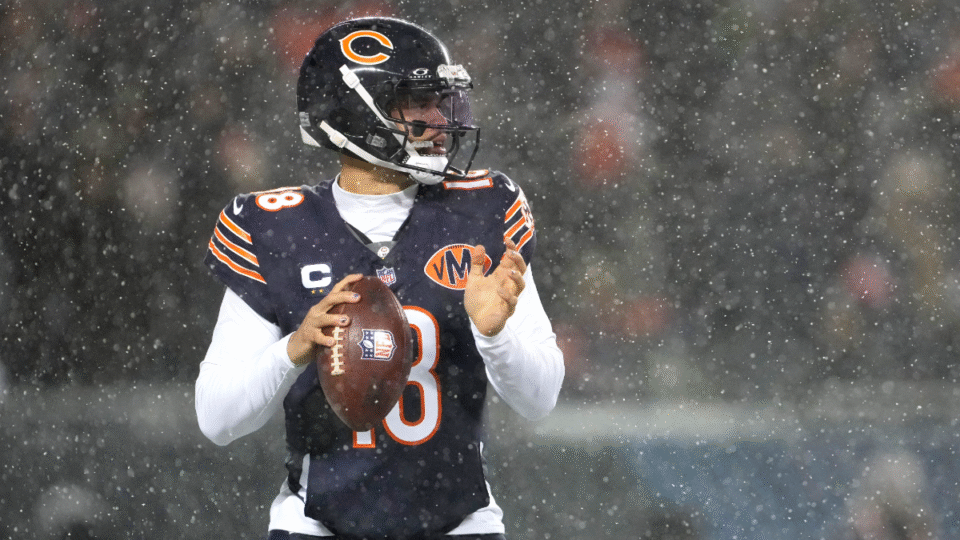 Caleb Williams #18 of the Chicago Bears looks to pass the ball against the Los Angeles Rams during the second quarter in the NFC Divisional Playoffs at Soldier Field on January 18, 2026 in Chicago, Illinois.