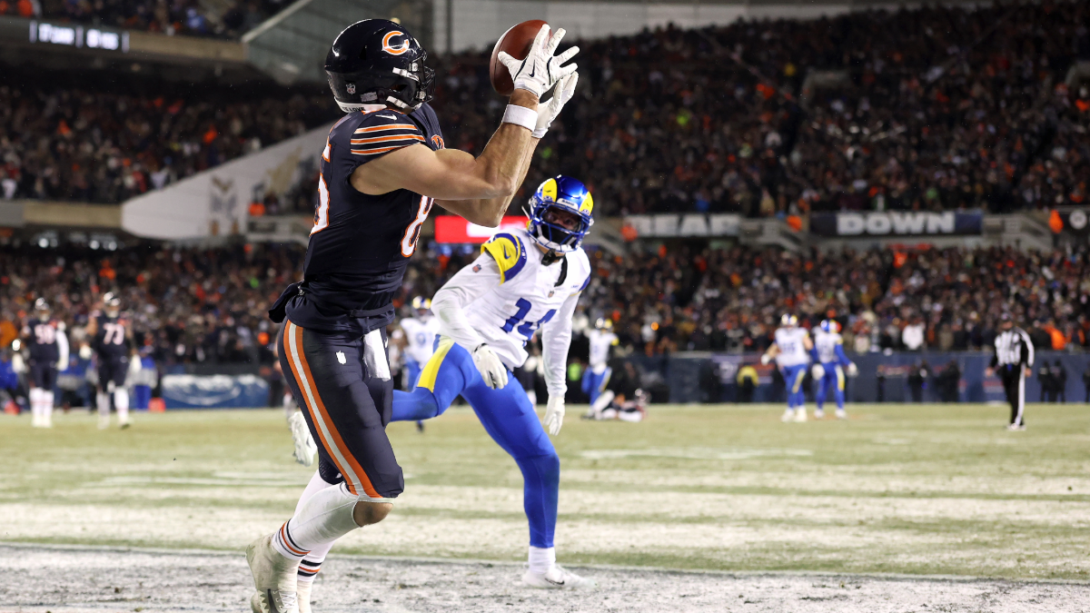 Cole Kmet #85 of the Chicago Bears catches a fourteen yard touchdown pass against Cobie Durant #14 of the Los Angeles Rams during the fourth quarter in the NFC Divisional Playoffs at Soldier Field on January 18, 2026 in Chicago, Illinois.