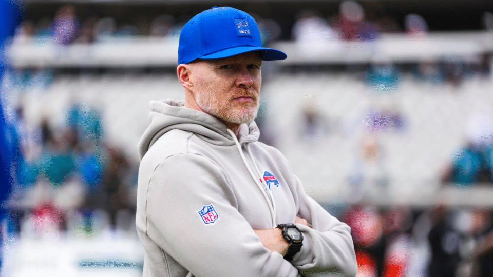 Sean McDermott of the Buffalo Bills looks on from the field during warmups prior to an NFL wild card playoff football game against the Jacksonville Jaguars at EverBank Stadium on January 11, 2026 in Jacksonville, FL.