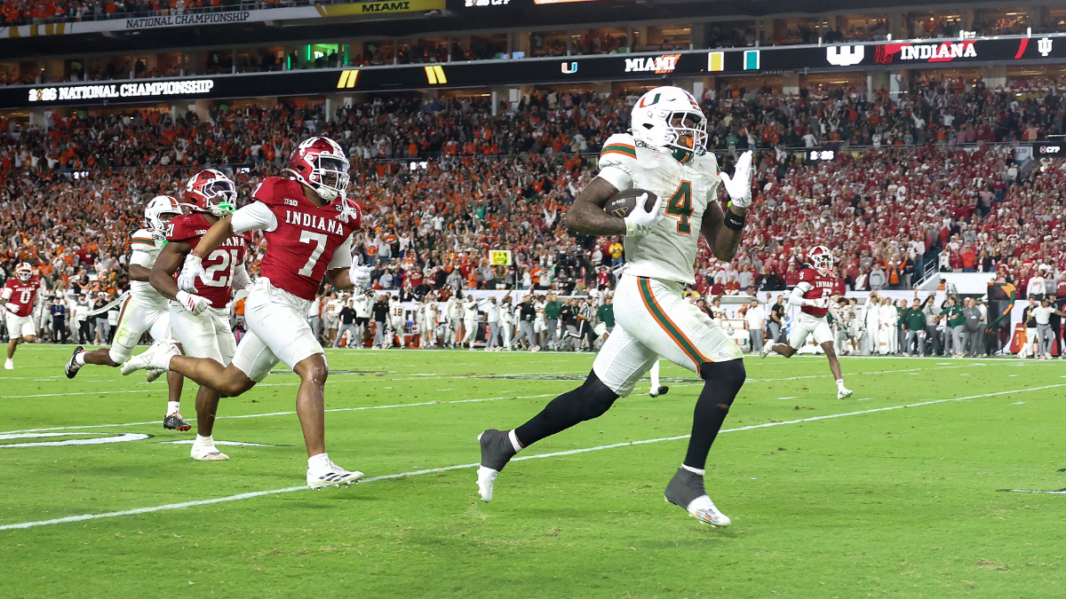 Mark Fletcher Jr. #4 of the Miami Hurricanes runs for a third quarter touchdown against the Indiana Hoosiers in the 2026 College Football Playoff National Championship at Hard Rock Stadium on January 19, 2026 in Miami Gardens, Florida.