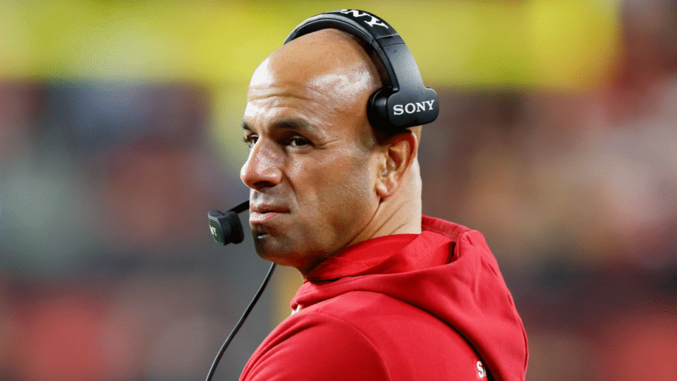 Defensive Coordinator Robert Saleh of the San Francisco 49ers looks on during the second quarter of a game against the Seattle Seahawks at Levi's Stadium on January 03, 2026 in Santa Clara, California.