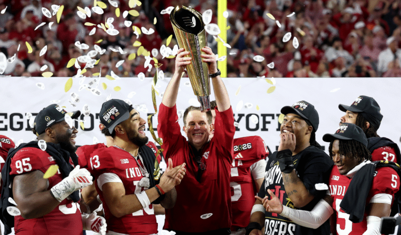 Head coach Curt Cignetti of the Indiana Hoosiers hoists the College Football Playoff National Championship Trophy after defeating the Miami Hurricanes 27-21 in the 2026 College Football Playoff National Championship at Hard Rock Stadium on January 19, 2026 in Miami Gardens, Florida.
