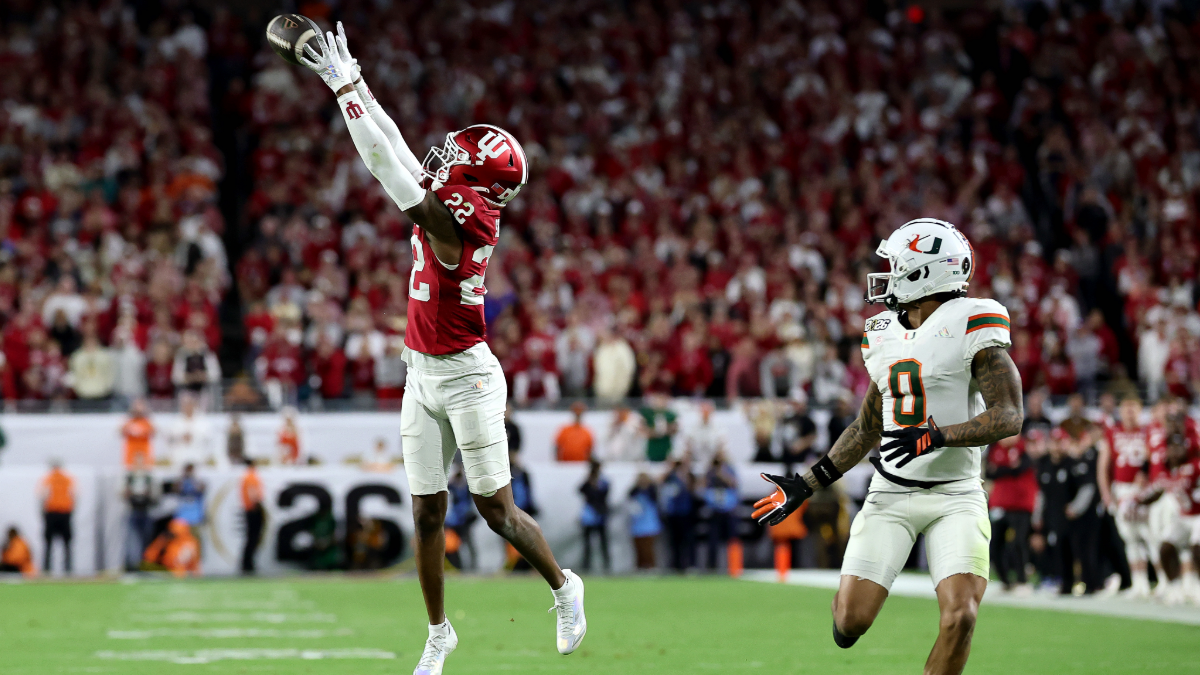 Jamari Sharpe #22 of the Indiana Hoosiers intercepts a pass intended for Keelan Marion #0 of the Miami Hurricanes during the fourth quarter in the 2026 College Football Playoff National Championship at Hard Rock Stadium on January 19, 2026 in Miami Gardens, Florida.