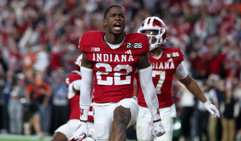 DB Jamari Sharpe #22 of the Indiana Hoosiers celebrates his interception in the last minute of the Indiana Hoosiers versus the Miami Hurricanes College Football Playoff National Championship Game Presented by AT&T on January 19, 2026, at Hard Rock Stadium in Miami Gardens, FL.