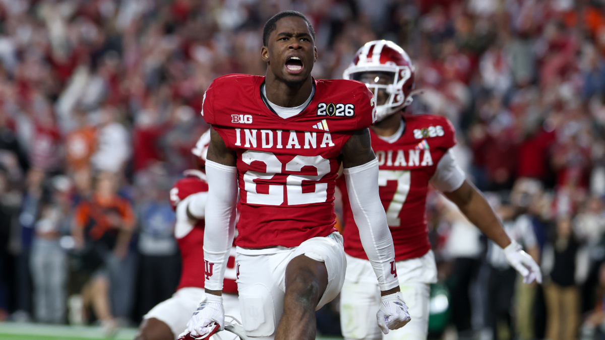 DB Jamari Sharpe #22 of the Indiana Hoosiers celebrates his interception in the last minute of the Indiana Hoosiers versus the Miami Hurricanes College Football Playoff National Championship Game Presented by AT&T on January 19, 2026, at Hard Rock Stadium in Miami Gardens, FL.