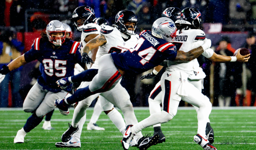 K'lavon Chaisson #44 of the New England Patriots sacks C.J. Stroud #7 of the Houston Texans during an AFC Divisional Round game between the New England Patriots and the Houston Texans on January 18, 2026, at Gillette Stadium in Foxborough, Massachusetts.