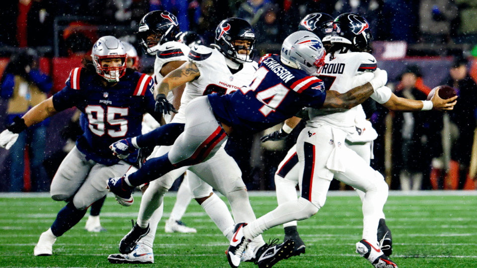 K'lavon Chaisson #44 of the New England Patriots sacks C.J. Stroud #7 of the Houston Texans during an AFC Divisional Round game between the New England Patriots and the Houston Texans on January 18, 2026, at Gillette Stadium in Foxborough, Massachusetts.