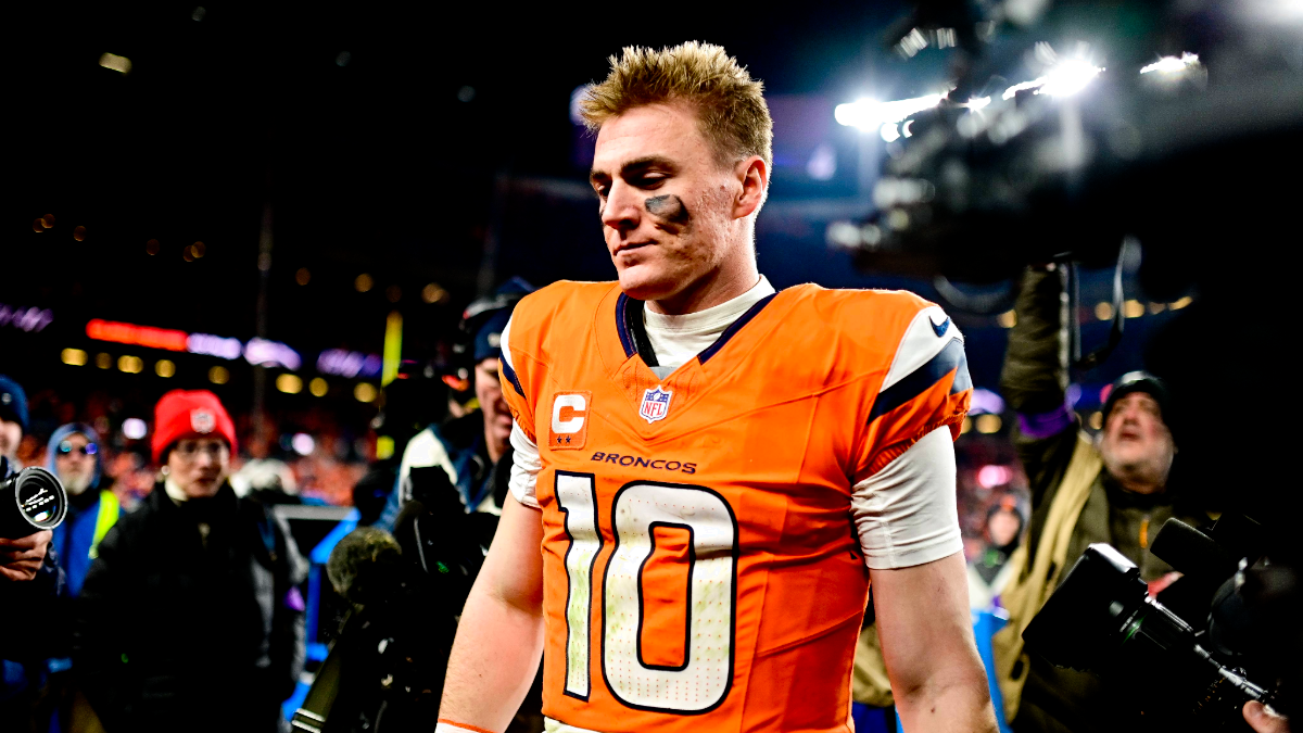 Denver Broncos quarterback Bo Nix (10) walks off the field after the AFC Divisional Round game against the Buffalo Bills at Empower Field at Mile High on January 17, 2026 in Denver, Colorado.