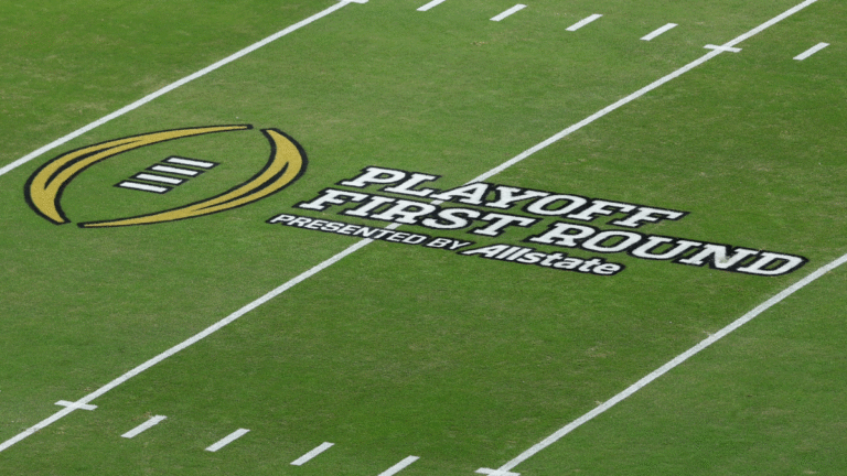 A general view of the College Football Playoff logo on the field during the 2025 College Football Playoff First Round Game at Kyle Field on December 20, 2025 in College Station, Texas.