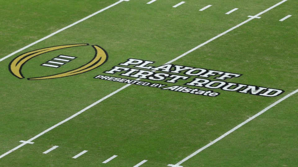 A general view of the College Football Playoff logo on the field during the 2025 College Football Playoff First Round Game at Kyle Field on December 20, 2025 in College Station, Texas.