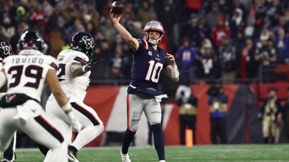 Drake Maye #10 of the New England Patriots passes against the Houston Texans during an NFL divisional playoff game at Gillette Stadium on January 18, 2026 in Foxborough, Massachusetts.