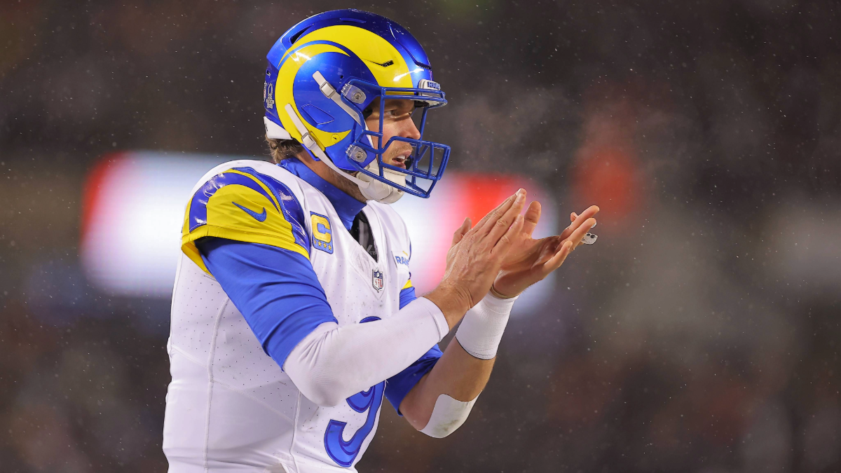 Matthew Stafford #9 of the Los Angeles Rams during the second half of an NFL divisional playoff football game against the Chicago Bears on January 18, 2026 at Soldier Field in Chicago, Illinois.