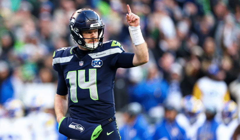 Sam Darnold #14 of the Seattle Seahawks reacts after a touchdown during the first quarter of the NFC Championship NFL football game against the Los Angeles Rams, at Lumen Field on January 25, 2026 in Seattle, WA.