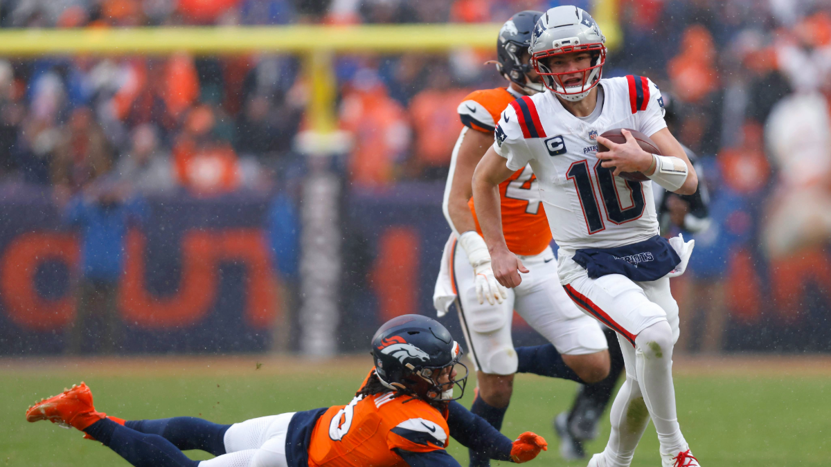 Drake Maye #10 of the New England Patriots rushes for yards during the third quarter in the AFC Championship Playoff game against the Denver Broncos at Empower Field At Mile High on January 25, 2026 in Denver, Colorado.