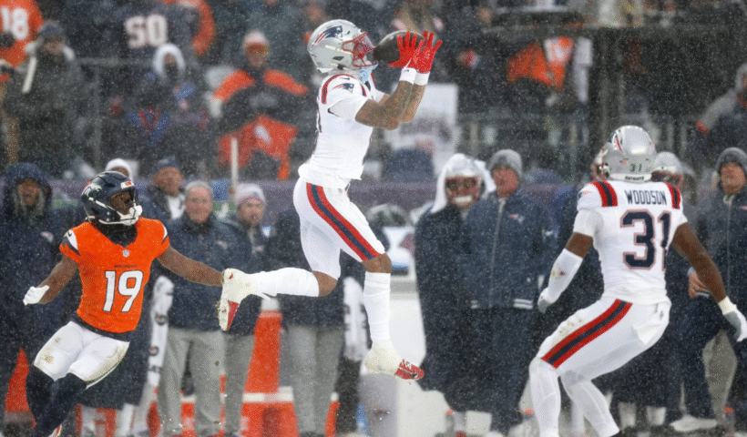 Christian Gonzalez #0 of the New England Patriots intercepts a pass from Jarrett Stidham #8 of the Denver Broncos (not pictured) intended for Marvin Mims Jr. #19 during the fourth quarter in the AFC Championship Playoff game at Empower Field At Mile High on January 25, 2026 in Denver, Colorado.