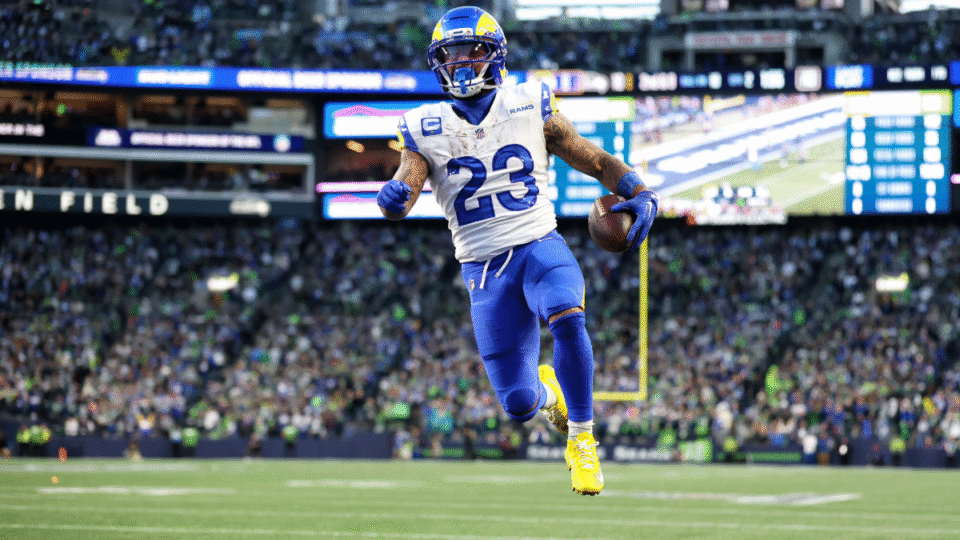 Kyren Williams #23 of the Los Angeles Rams scores a second quarter touchdown against the Seattle Seahawks in the NFC Championship game at Lumen Field on January 25, 2026 in Seattle, Washington.